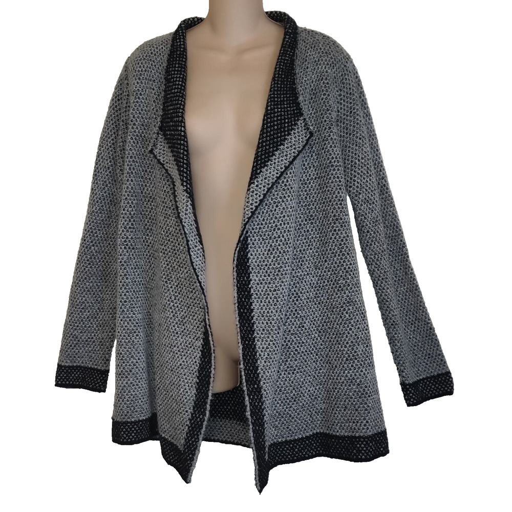 Maryline Cardigan Sweater Gray Black Medium M Wool Blend Italy Open Knit Career